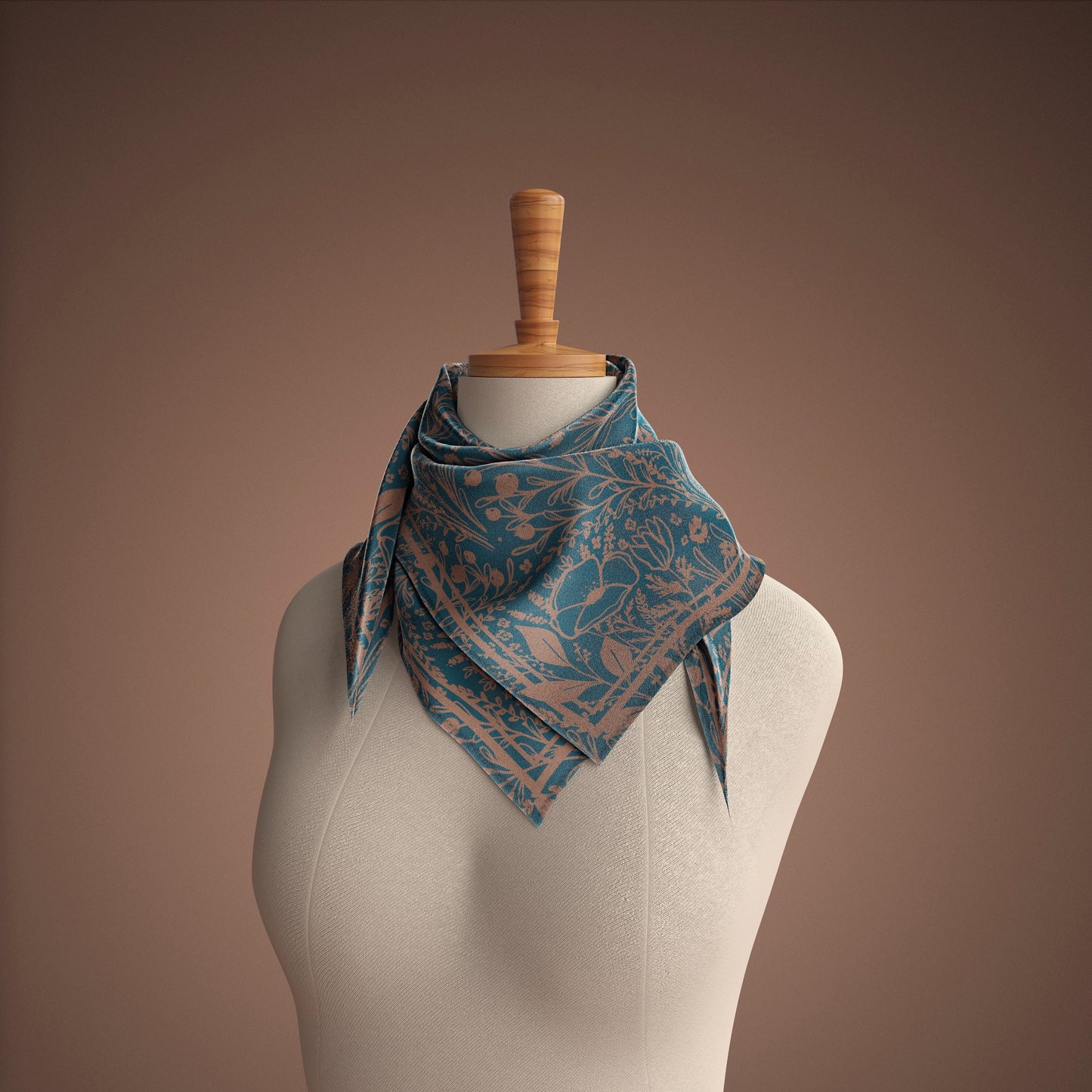 Mocha and Blue Floral Scallop Scarf